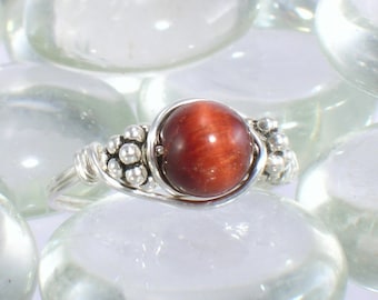 Red Tiger Eye Sterling Silver Bali Bead Ring Any Size