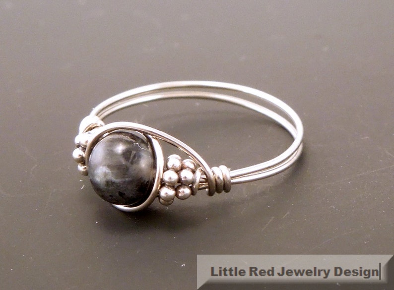 Sterling Silver Larvikite and Bali Bead Ring image 5