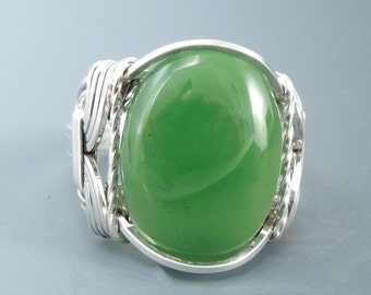 Nephrite Jade Sterling Silver Wire Wrapped Cabochon Ring
