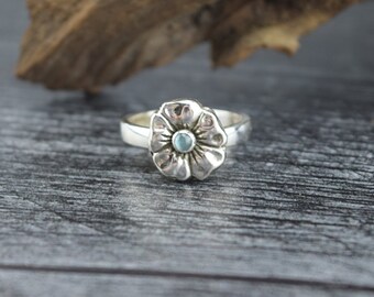 Handcrafted Sterling Silver Blue Topaz Flower Ring - Size 8