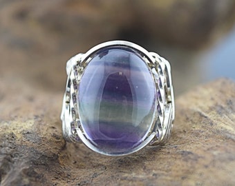 Sterling Silver Rainbow Fluorite Cabochon Wire Wrapped Ring