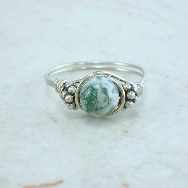 Sterling Silver Tree Agate and Bali Bead Ring