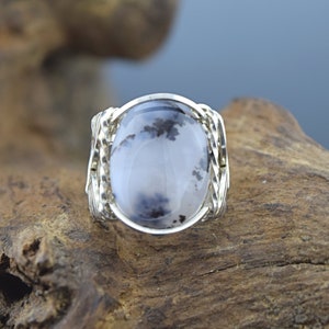 Sterling Silver Merlinite or Dendritic Agate Wire Wrapped Ring