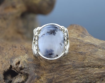 Sterling Silver Merlinite or Dendritic Agate Wire Wrapped Ring