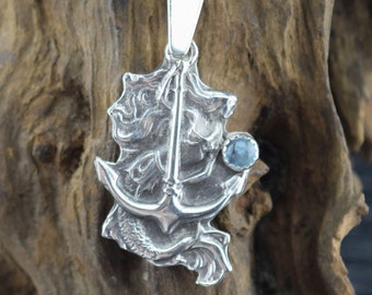 Handcrafted Sterling Silver Mermaid with Anchor and Blue Topaz Pendant or Necklace