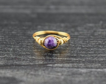 14 K Gold Filled Faceted Charoite Wire Wrapped Bead Ring