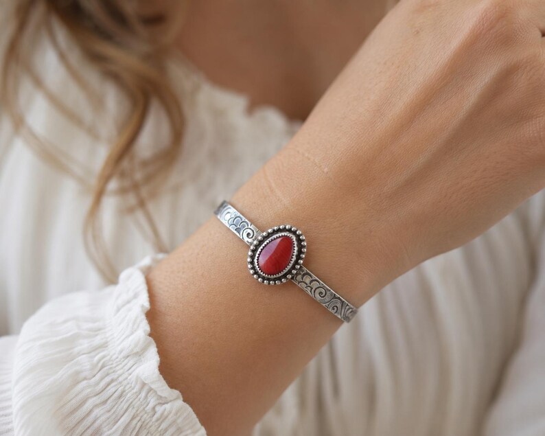 Handcrafted Sterling Silver Red Coral Bracelet image 1
