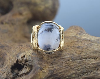 14 k Gold Filled Dendritic or Black Moss Agate Cabochon Wire Wrapped Ring