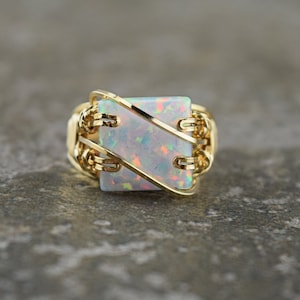 Handcrafted 14 k Gold Filled White Fire Man-Made Opal Square Cabochon Ring