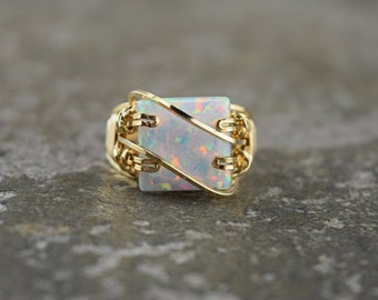 Handcrafted 14 k Gold Filled White Fire Man-Made Opal Square Cabochon Ring