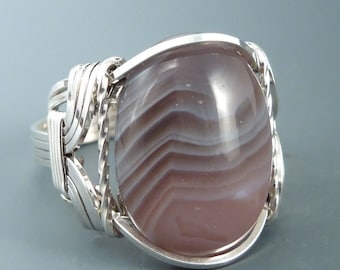 Sterling Silver Botswana Agate Cabochon Wire Wrapped Ring