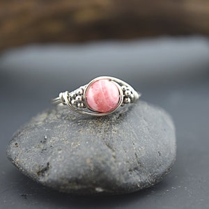 Rhodochrosite Sterling Silver Bali Bead Ring