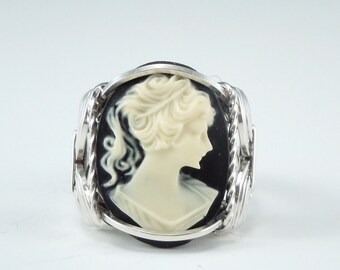 Cameo with Black Background Sterling Silver Wire Wrapped Ring