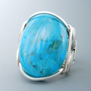 Large Chinese Turquoise Sterling Silver Wire Wrapped Ring