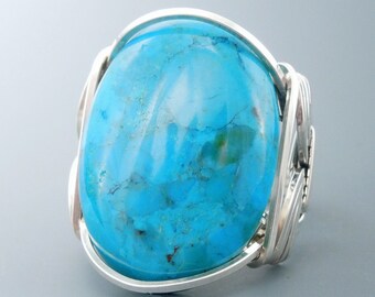 Large Chinese Turquoise Sterling Silver Wire Wrapped Ring