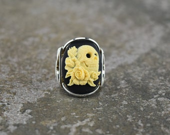 Large Sterling Silver Skull with Tattoos and Roses Cameo Wire Wrapped Ring