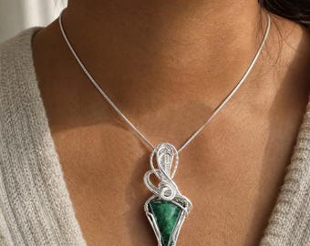 Sterling Silver Wire Wrapped Chatoyant Malachite Pendant
