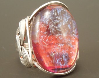 Handcrafted Sterling Silver Large Dragon's Breath Cabochon Wire Wrapped Ring