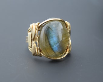 Handcrafted 14 k Gold Filled Labradorite Wire Wrapped Ring