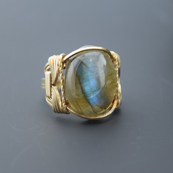 Handcrafted 14 k Gold Filled Labradorite Wire Wrapped Ring