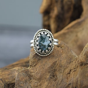 Handcrafted Sterling Silver Moss Agate Ring - Size 6 3/4