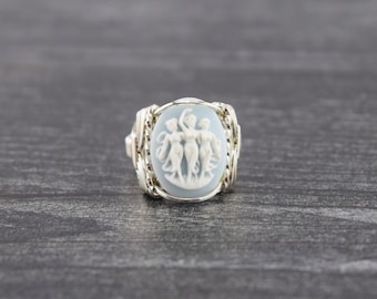 Three Muses Cameo with Blue Background Sterling Silver Wire Wrapped Ring