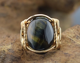 14 k Gold Filled Hawk's Eye or Blue Tiger's Eye Cabochon Wire Wrapped Ring