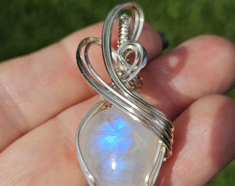 Rainbow Moonstone Sterling Silver Wire Wrapped Pendant