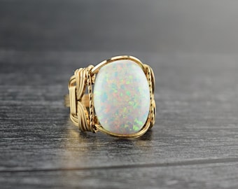 14 K Gold Filled Man Made Opal Cabochon Wire Wrapped Ring