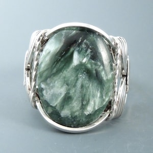 Sterling Silver Seraphinite Cabochon Wire Wrapped  Ring