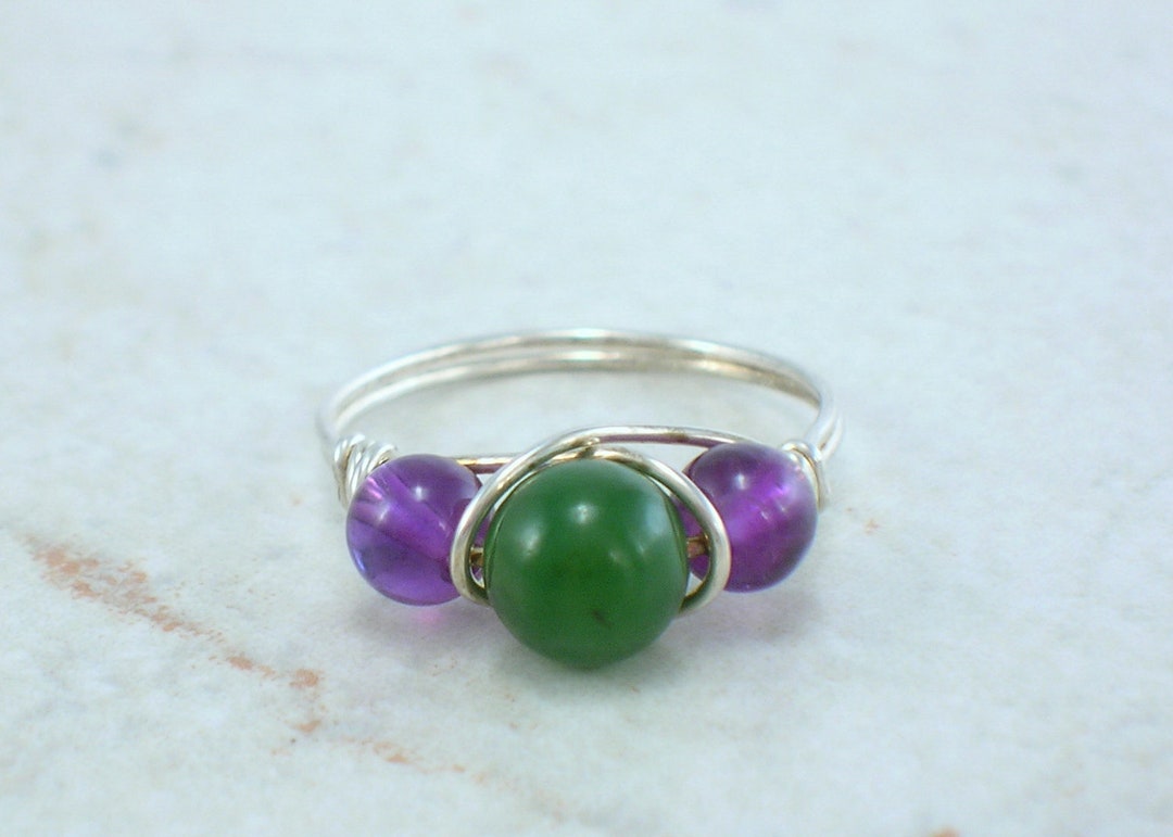 Nephrite Jade and Amethyst Sterling Silver Bead Ring Any Size Etsy