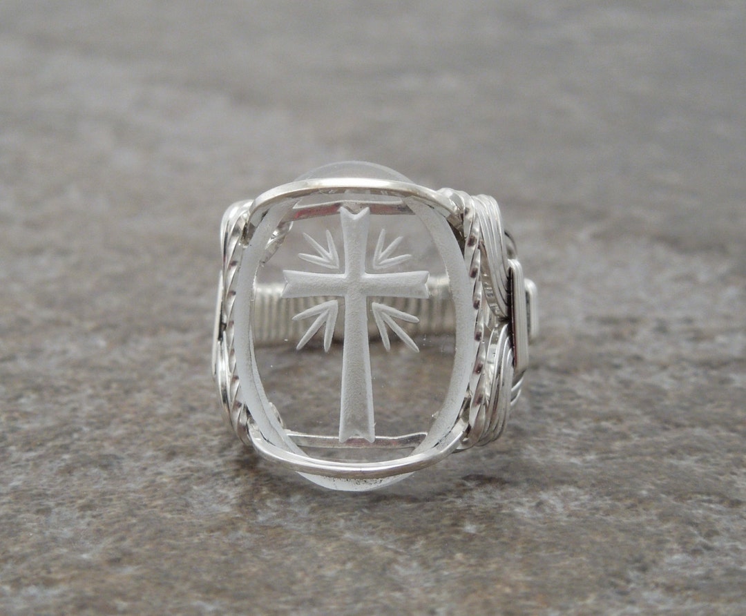 Sterling Etched Cross Glass Cabochon Wire Wrapped Ring - Etsy