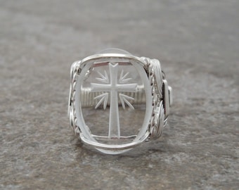 Sterling Etched Cross Glass Cabochon Wire Wrapped Ring