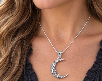 Handcrafted Sterling Silver Crescent Moon Pendant or Necklace