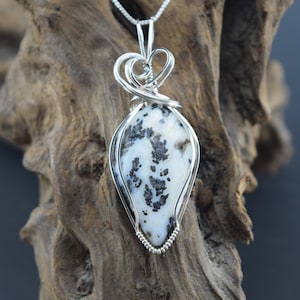 Sterling Silver Wire Wrapped Black Feather Plume Agate Pendant