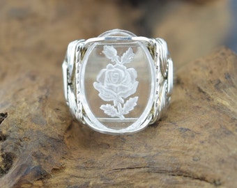 Sterling Etched Rose Cabochon Wire Wrapped Ring