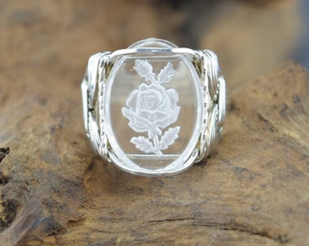 Sterling Etched Rose Glass Cabochon Wire Wrapped Ring