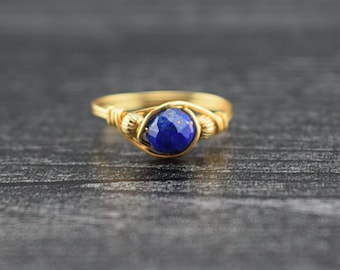 14 K Gold Filled Faceted Lapis Lazuli Wire Wrapped Bead Ring