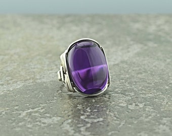 Handcrafted Sterling Silver Large Amethyst Cabochon Wire Wrapped Ring