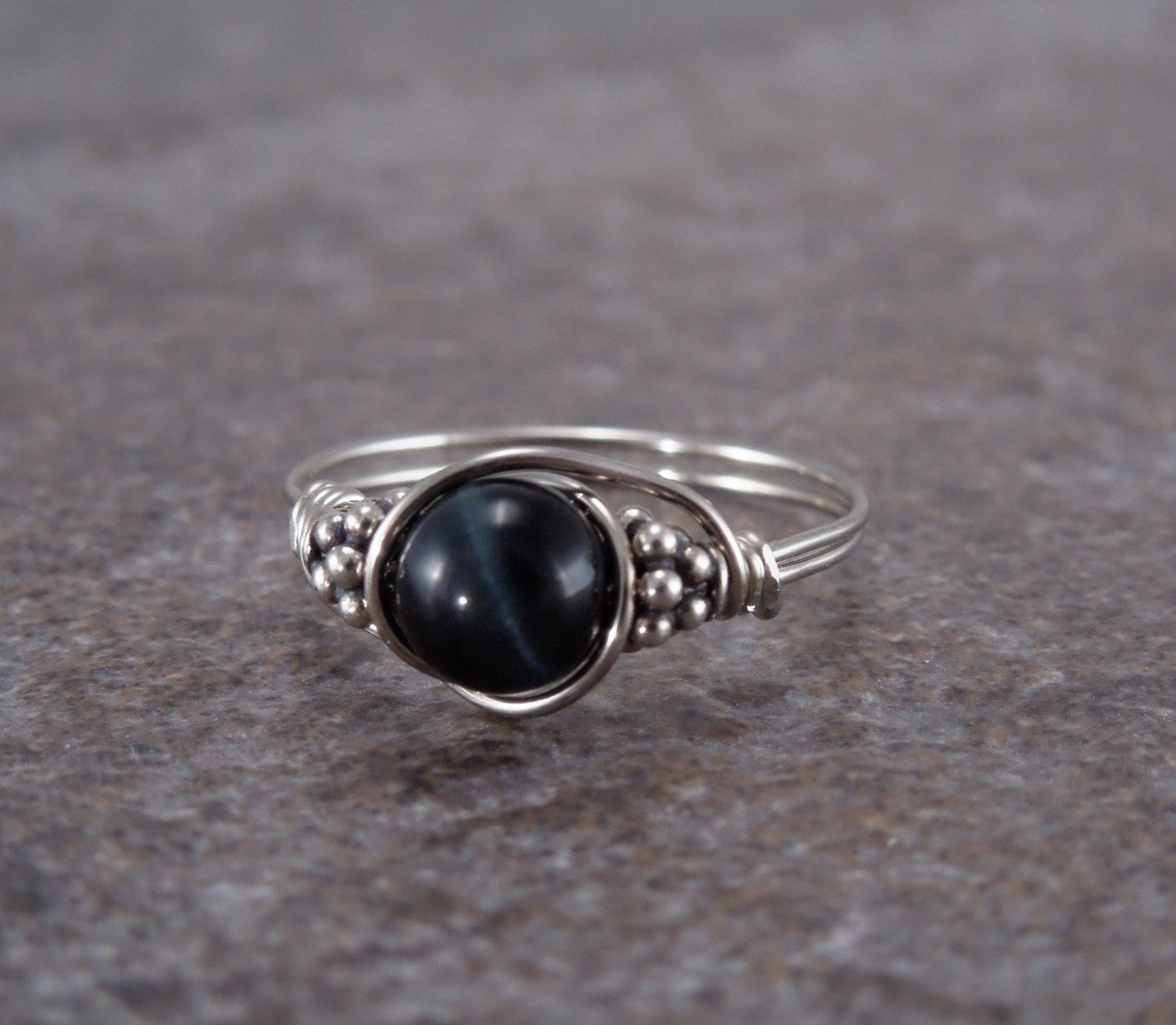 Sterling Silver Blue Tiger Eye Bali Bead Ring Sterling Silver Blue Tiger Eye Bali Bead Ring