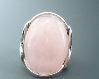 Handcrafted Sterling Silver Large Rose Quartz Cabochon Wire Wrapped Ring