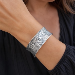 Handcrafted Sterling Silver Tooled Leather Pattern Cuff Bracelet