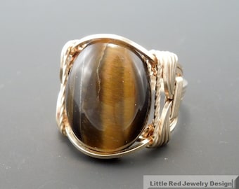 14 k Gold Filled Tiger's Eye Cabochon Wire Wrapped Ring