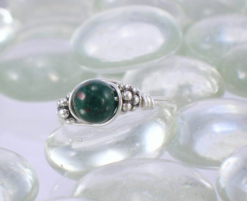 Heliotrope Bloodstone Sterling Silver Bali Bead Ring Any Size image 1