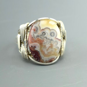 Sterling Silver Crazy Lace Agate Cabochon Wire Wrapped Ring