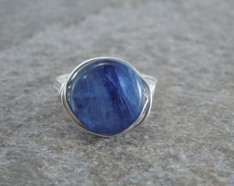 Kyanite Sterling Silver Wire Wrapped Bead Ring