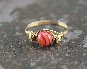 14 k Gold Filled Red Sardonyx Wire Wrapped Bead Ring