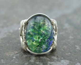 Sterling Silver Green Opal Glass Cabochon Wire Wrapped Ring