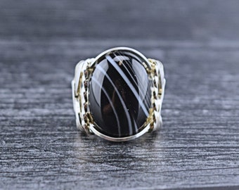 Sterling Silver Wire Wrapped Black Sardonyx Ring