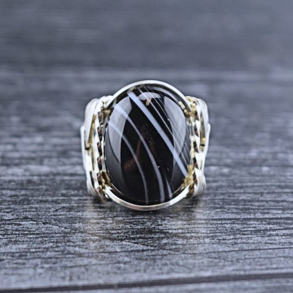 Sterling Silver Wire Wrapped Black Sardonyx Ring